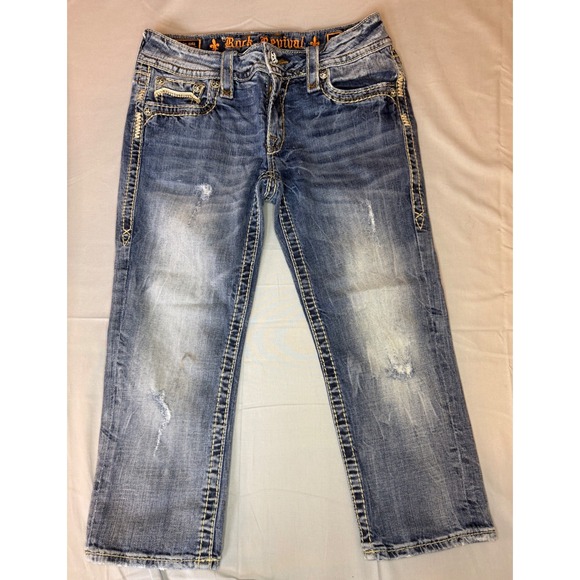 Rock Revival Denim - Rock Revival Celine Capri Jeans Womens 29 Blue Distressed Embroidered  Denim